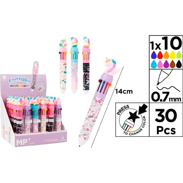 Bolígrafos 10 colores modelo fantasy multicolor, modelos variados, 30 uds, expositor